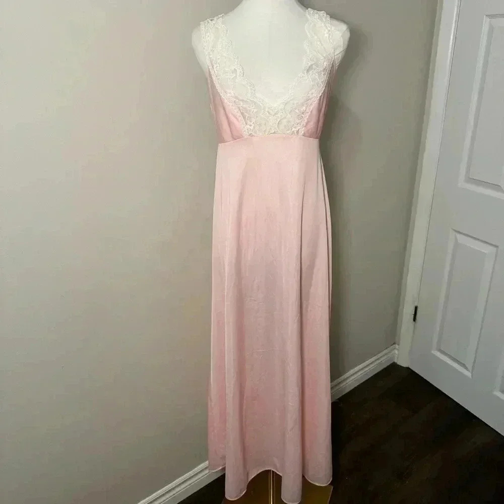 Dreamy vintage ballet pink nylon lace slip dress M - Picture 3 of 5